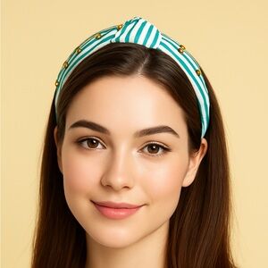 NEW Piper K Striped Knotted Headband with Goldtone, Green and Clear Rhinestones